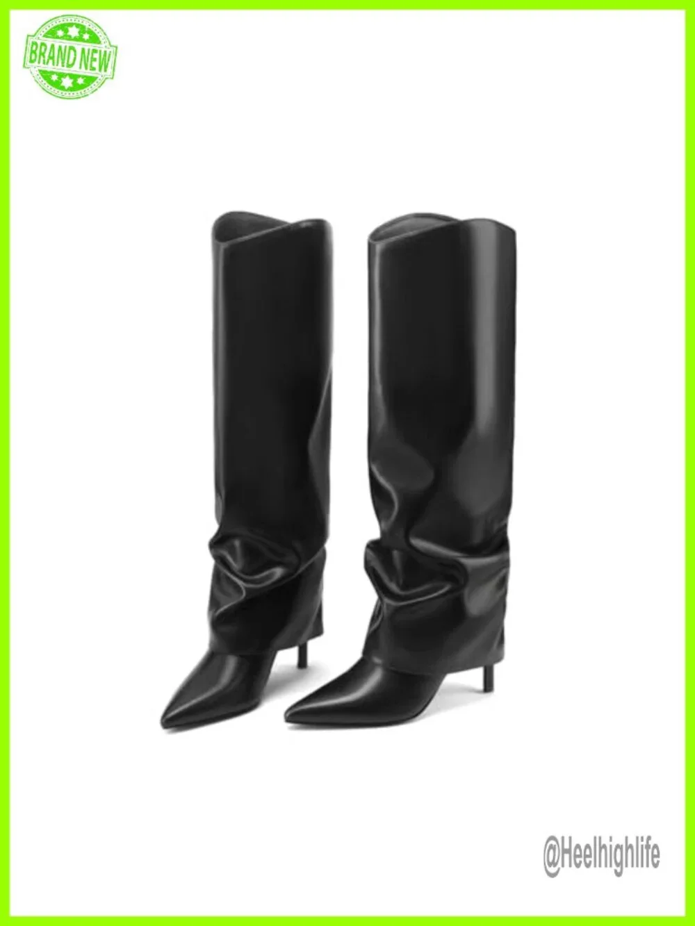 Fold Over Knee High Boots Pointed Toe Stiletto Heel Slouchy Side Zipper